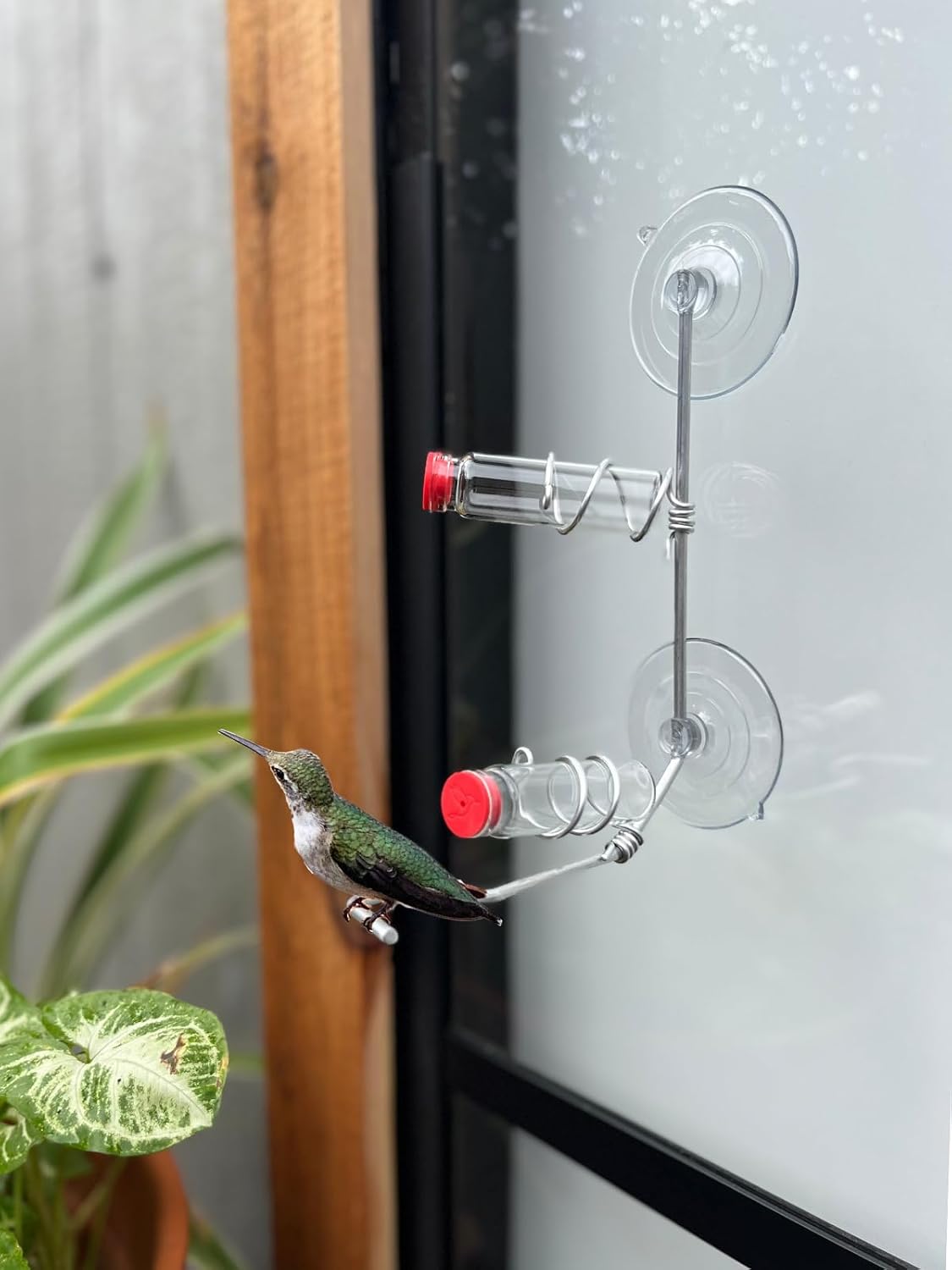 window hummingbird feeder | handcrafted copper and aluminum, close-up detail