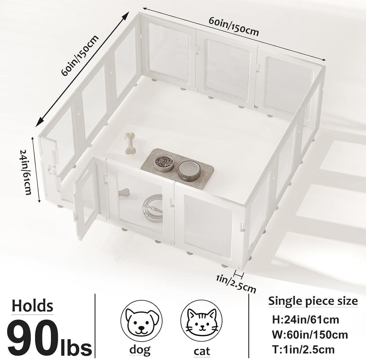 clear acrylic dog playpen indoor, white, 24" h, close-up detail