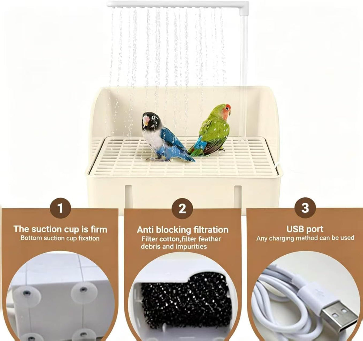 automatic parakeet bird bath with pump,large bird shower showing dimensions
