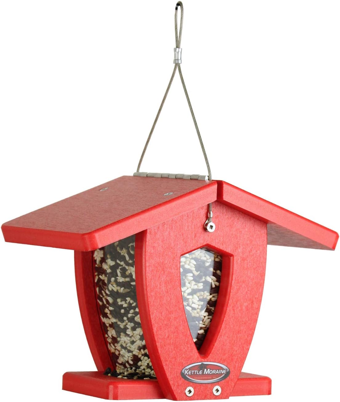 kettle moraine recycled mini moraine hopper feeder (red/red) shown in use