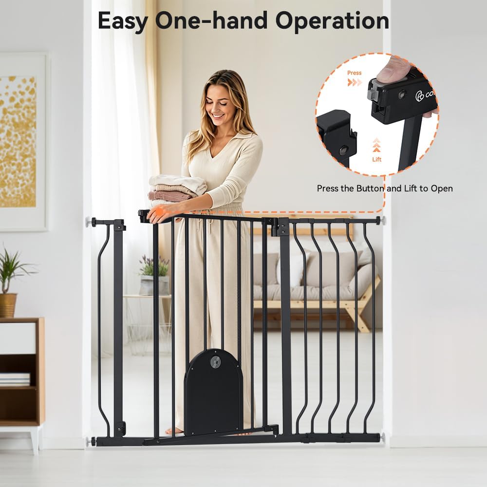 comomy 29.5-43.7" pet gate with adjustable cat door showing dimensions