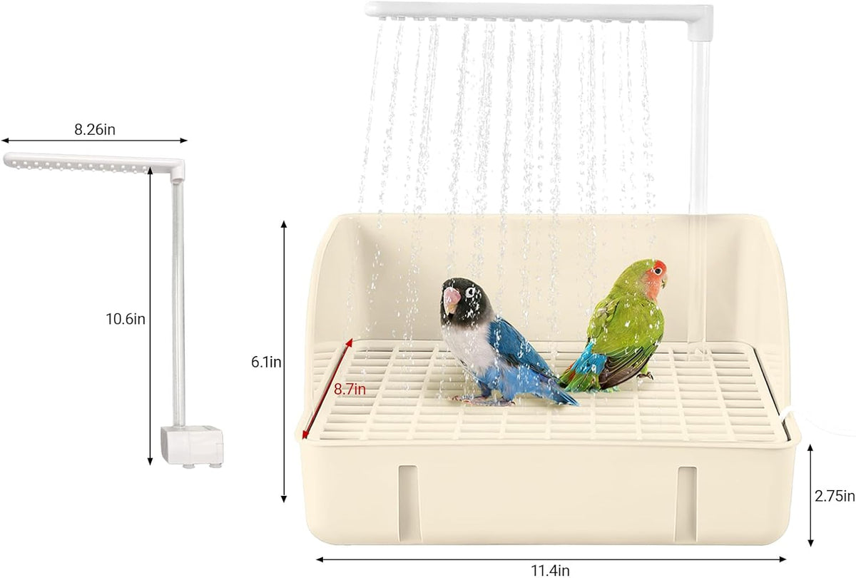 automatic parakeet bird bath with pump,large bird shower shown in use