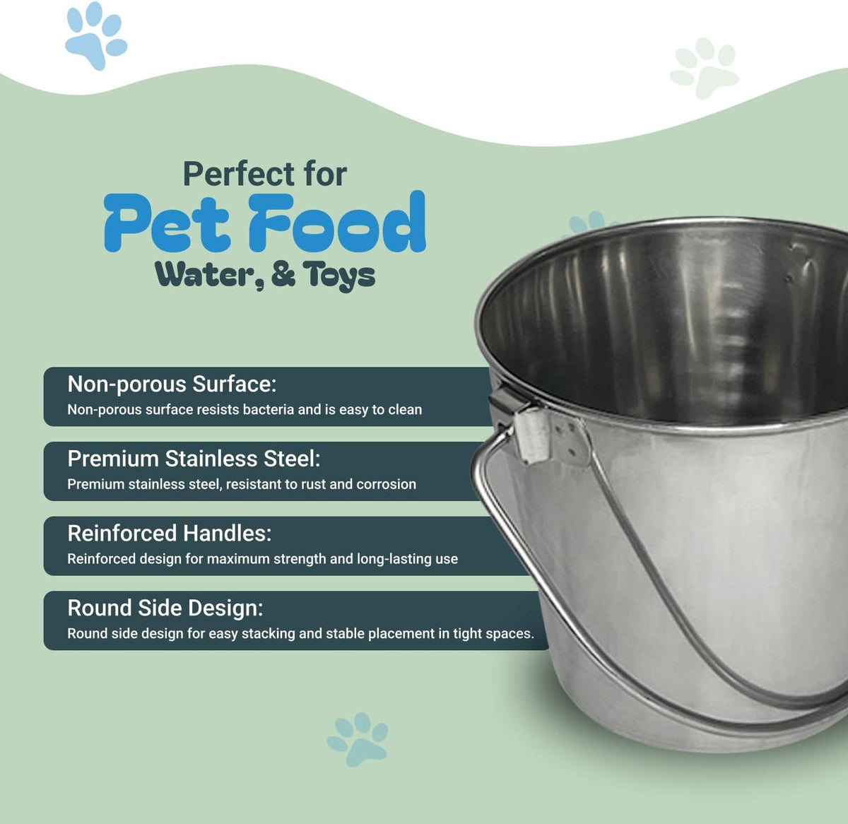 heavy stainless steel round bucket, 9 quart |, close-up detail