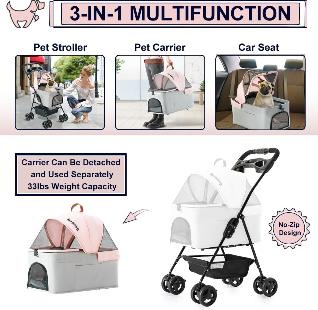 pet stroller with detachable carrier for small dogs&cats shown in use