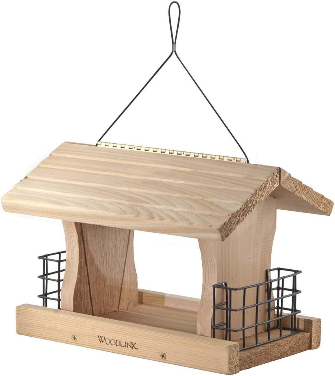 woodlink deluxe cedar wood hanging bird feeder with shown in use