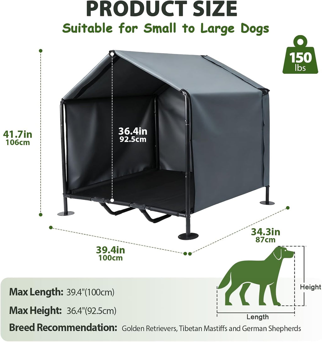 large dog canopy with elevated bed, outdoor dog shown in use