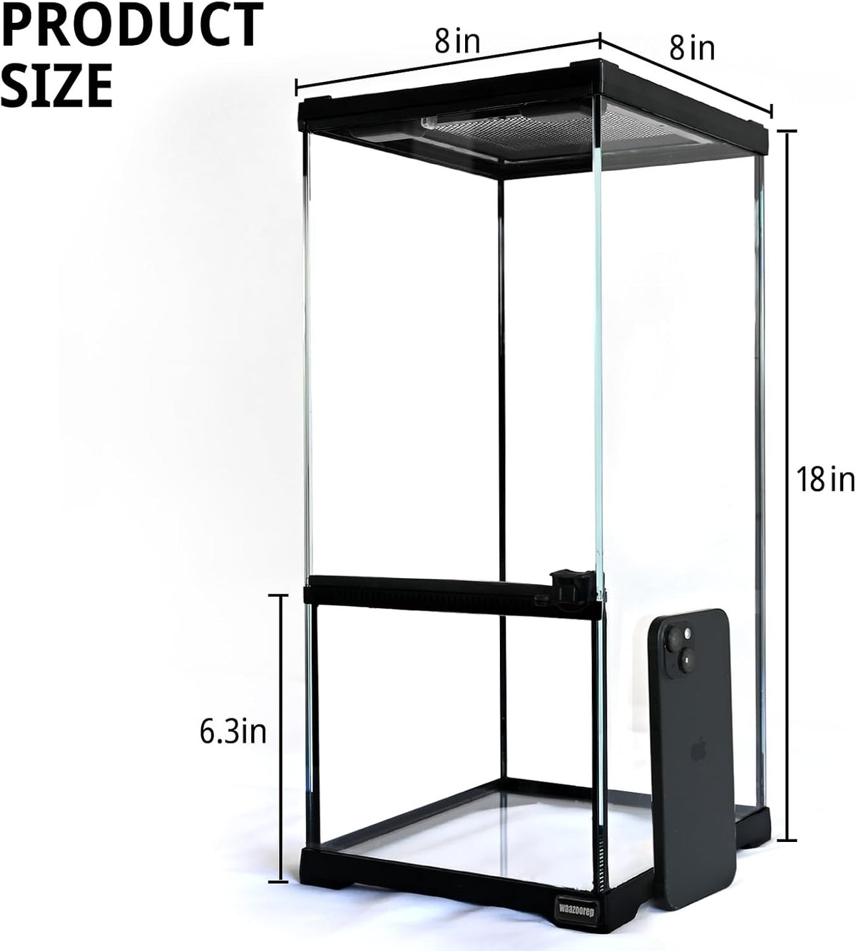 tall reptile glass tank 8"x8"x18" pre-assembled vertical small shown in use