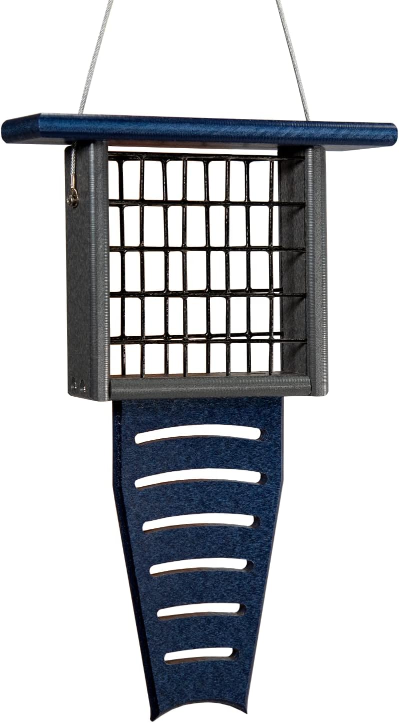 jcs wildlife blue/gray recycled poly lumber suet feeder shown in use