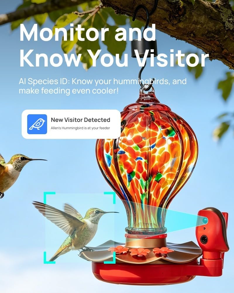 smart hummingbird feeder with camera for outdoors, hand shown in use