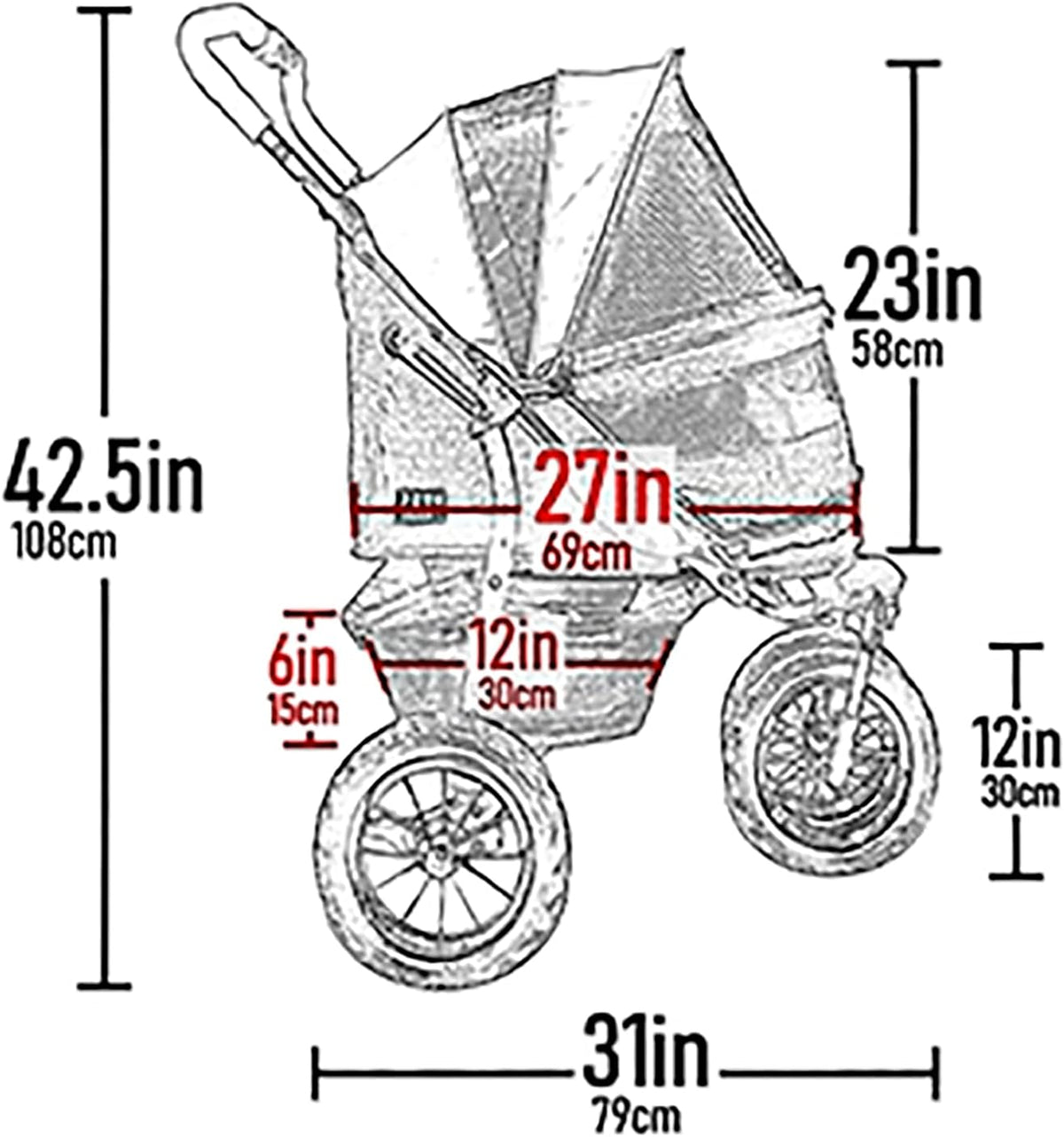pet gear no-zip double pet stroller, zipperless entry showing dimensions