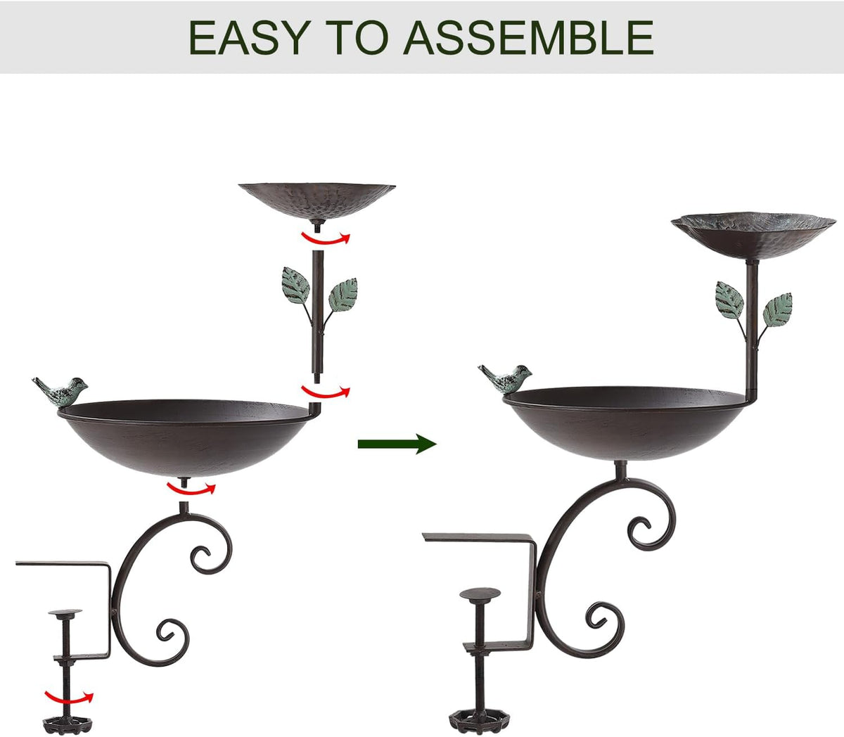 bird bath for deck railing, balcony bird feeder showing dimensions
