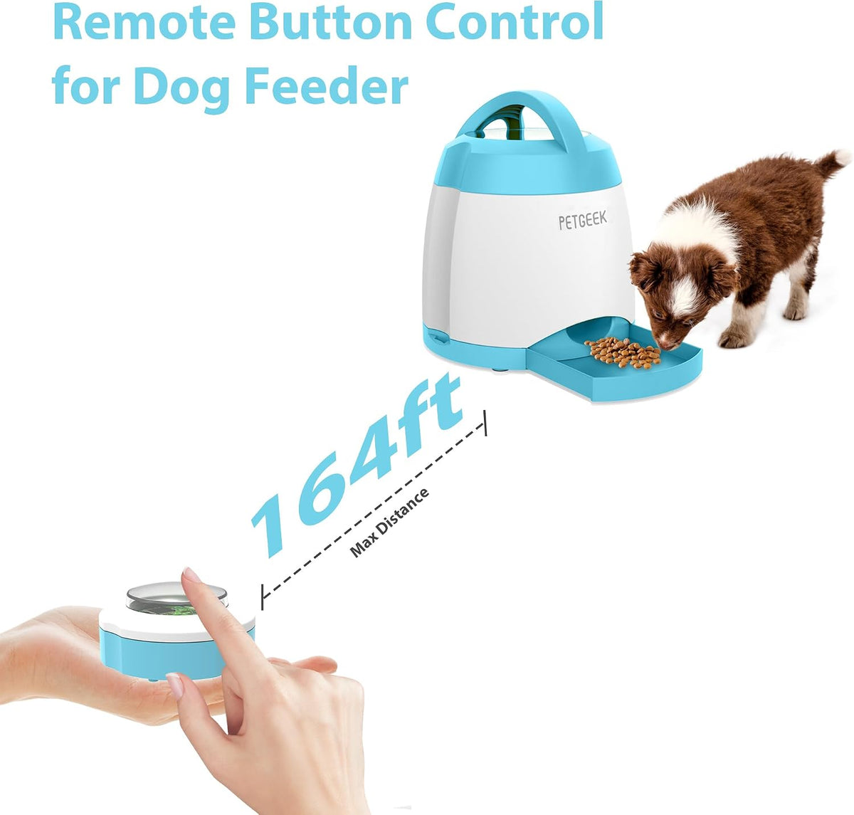 petgeek automatic dog feeder/treat dispenser with rechargeable button, side view