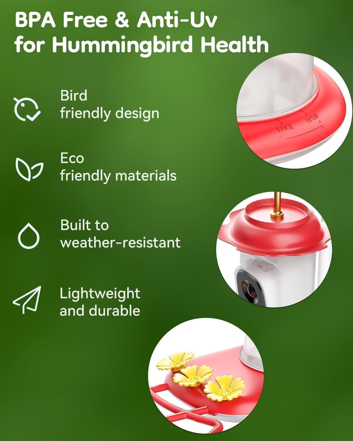 solar hummingbird feeder with camera, 2k live view, side view