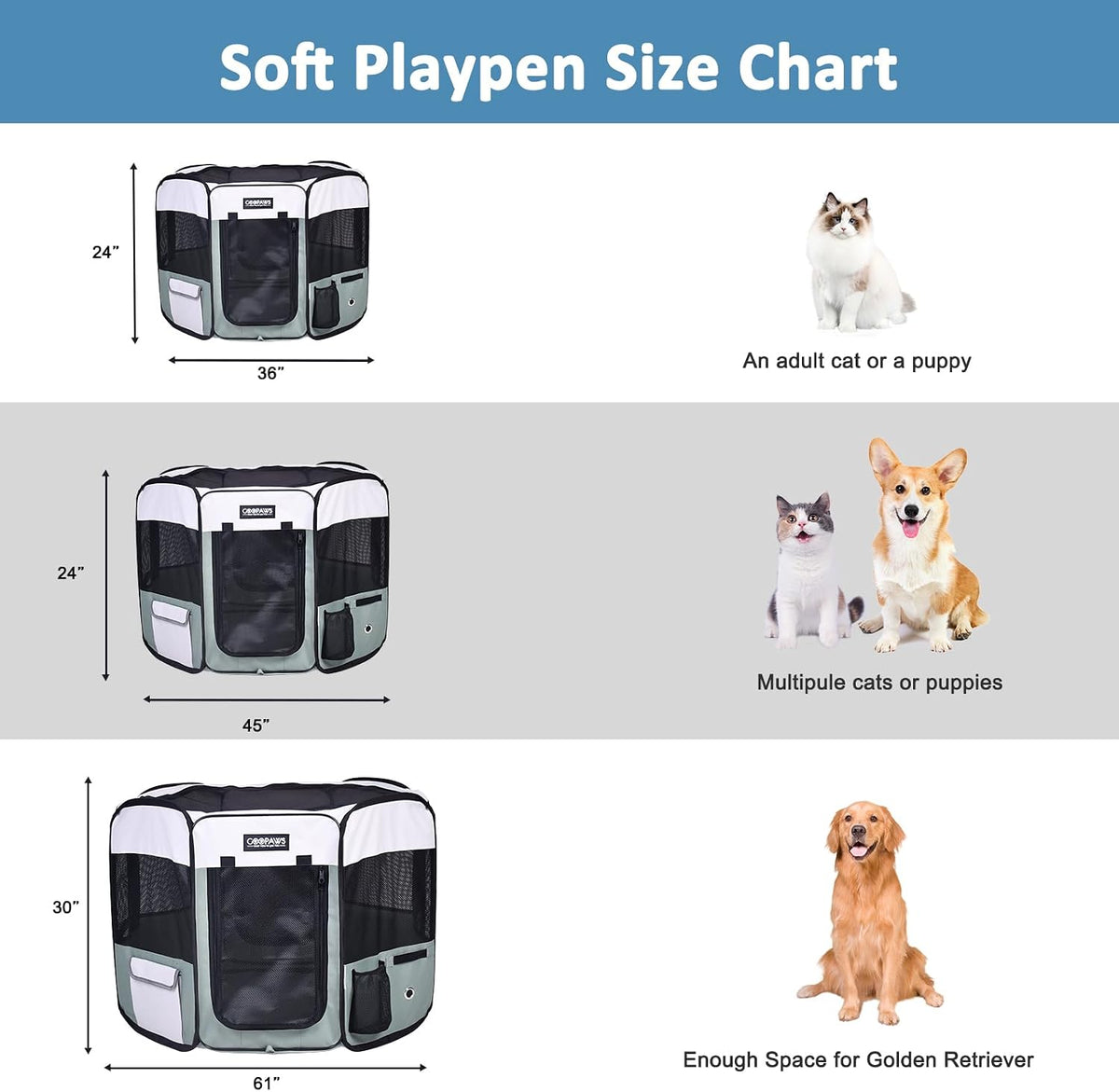 jespet soft dog playpen, portable pet exercise pen showing dimensions