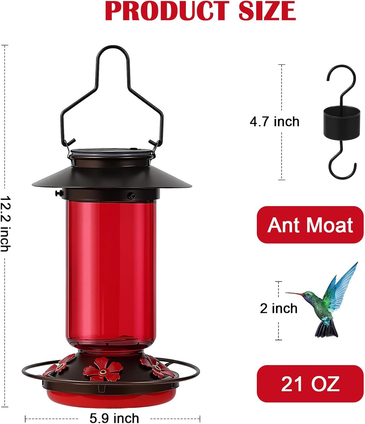 tansoren solar hummingbird feeder for outdoors hanging glass, close-up detail