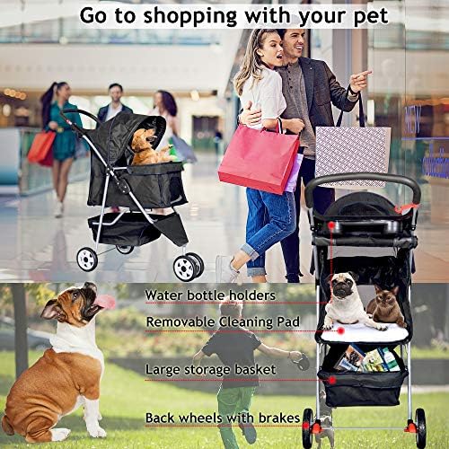 dkeli 3-wheel pet stroller, lightweight foldable dog stroller showing dimensions