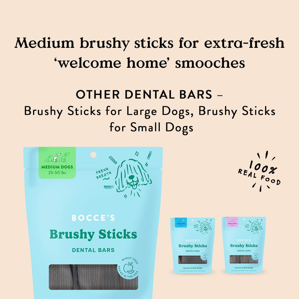 bocce's bakery brushy sticks dog dental treats, medium showing dimensions