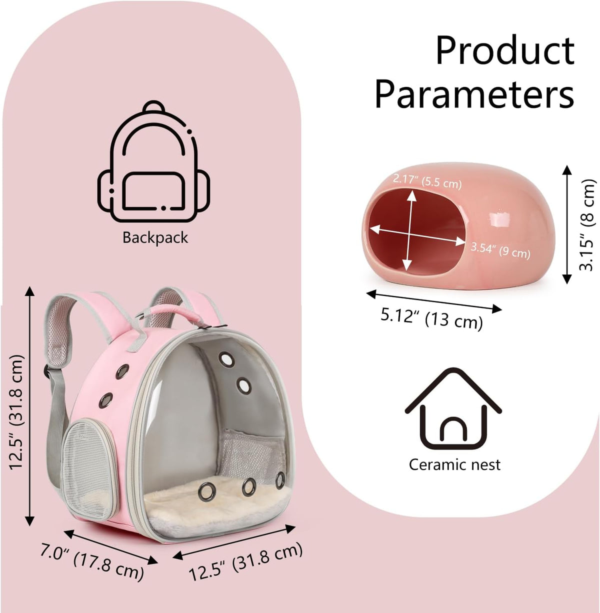 small animal backpack carrier & ceramic hamster hideout shown in use