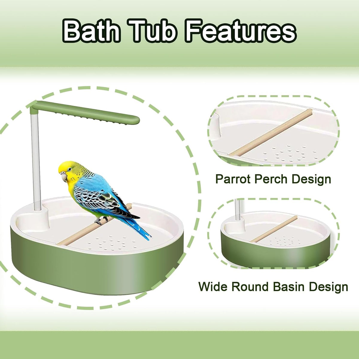 parrot shower, automatic parakeet bird bath with pump showing dimensions