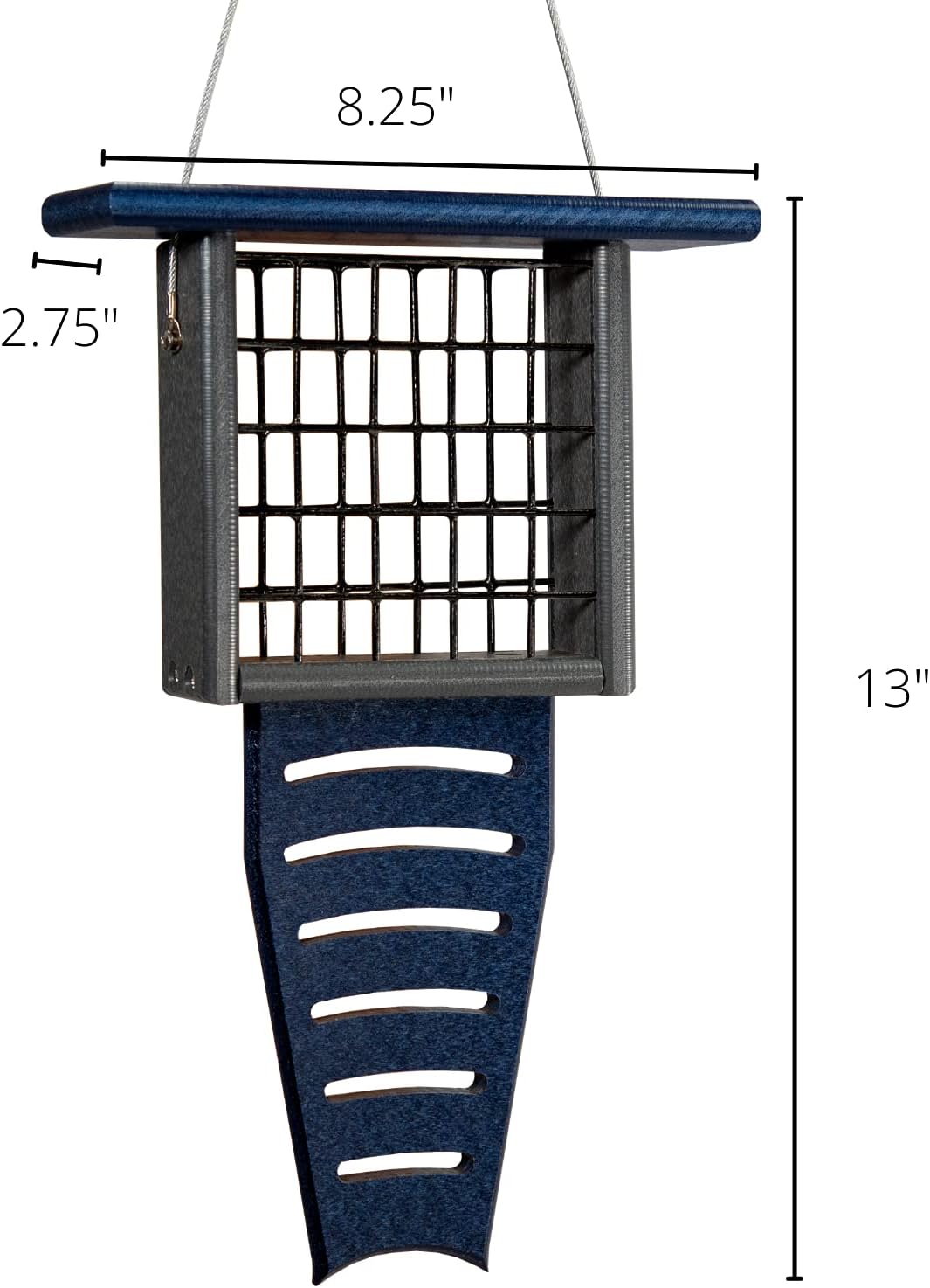 jcs wildlife blue/gray recycled poly lumber suet feeder showing dimensions