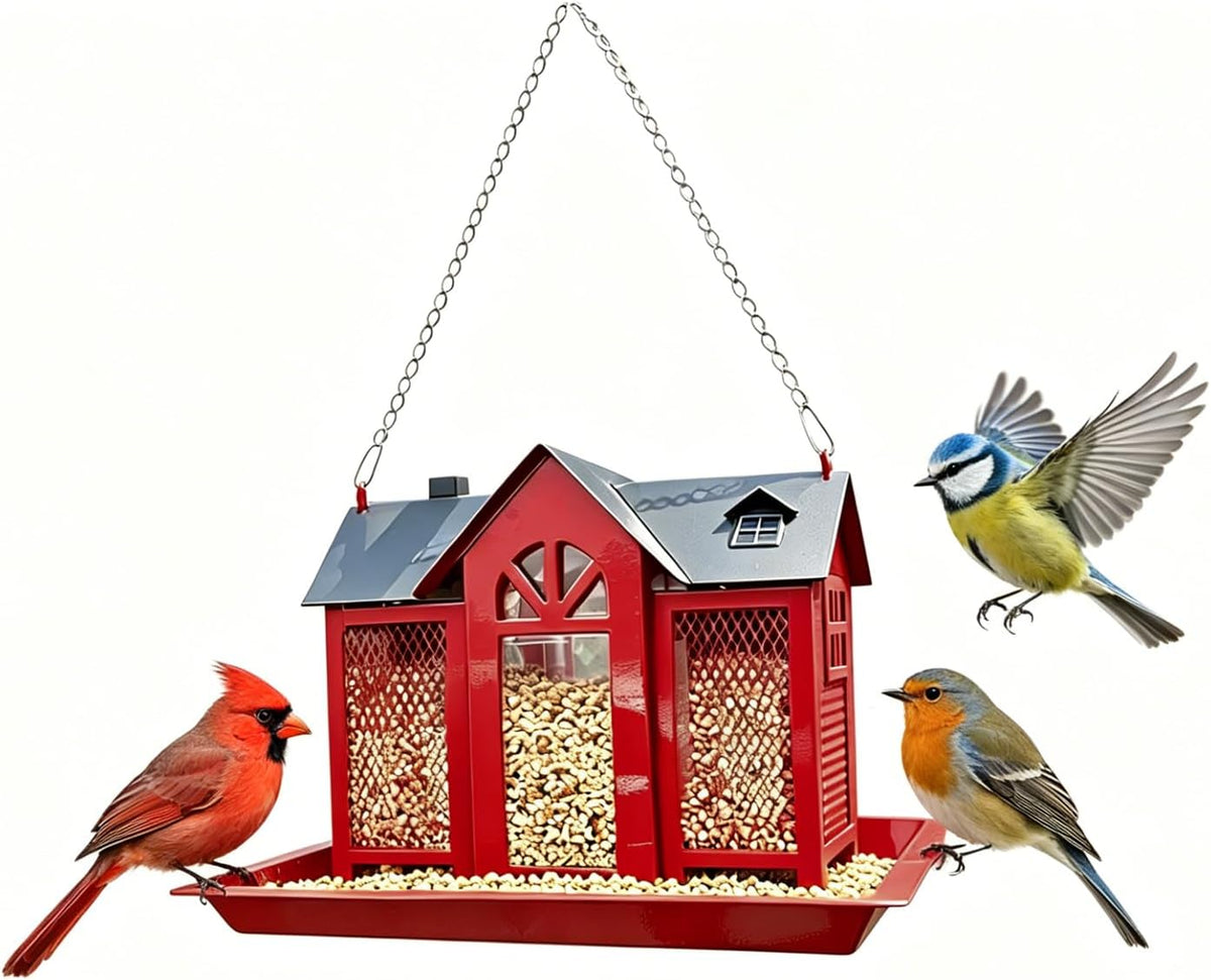 large metal bird feeders for outdoors hanging with shown in use
