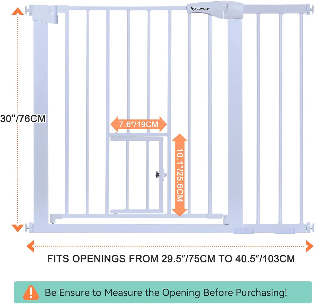 comomy auto close pet gate with cat door, front angle view