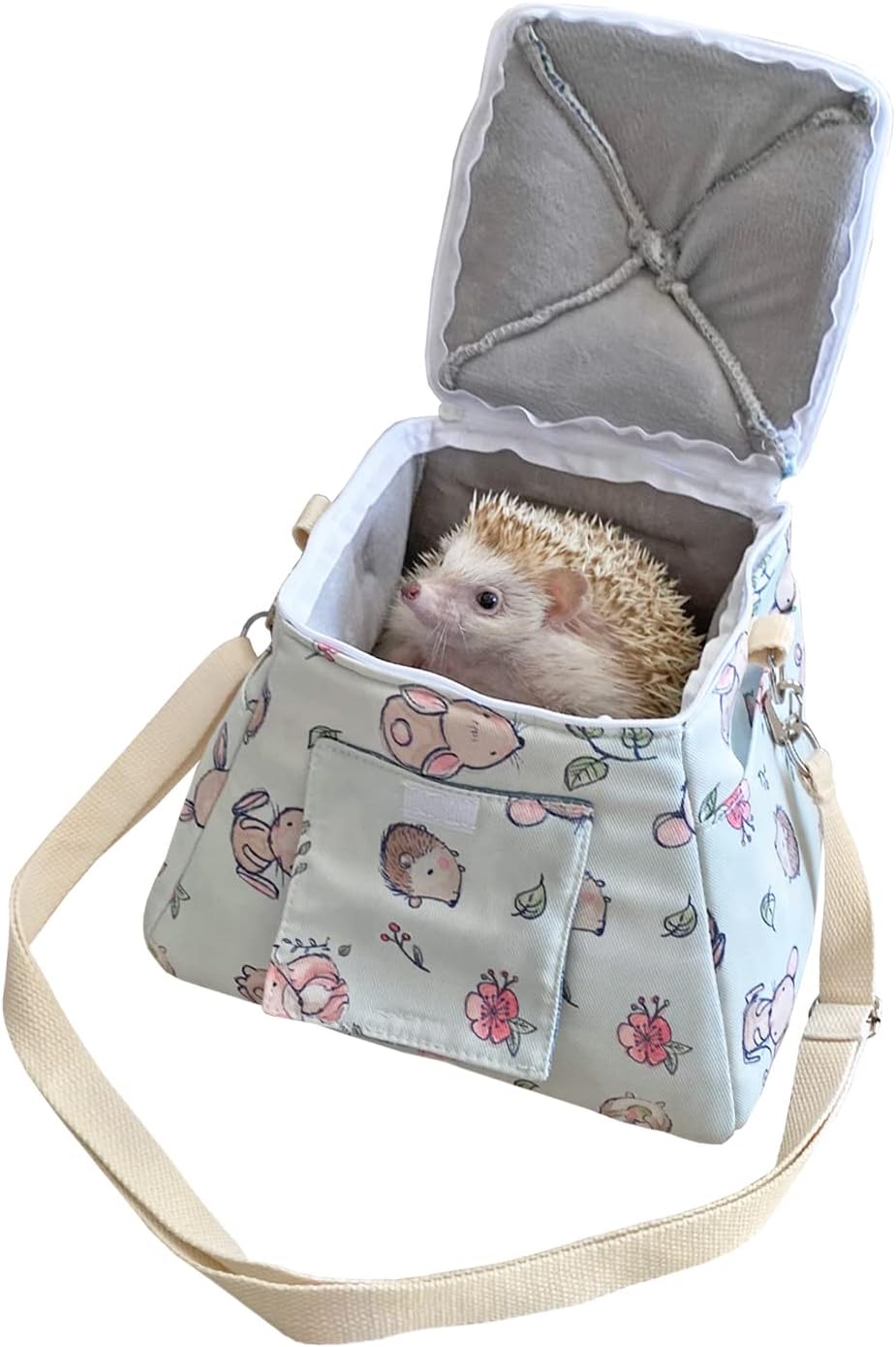 portable outgoing flannel hedgehog carry carrier bag house, close-up detail
