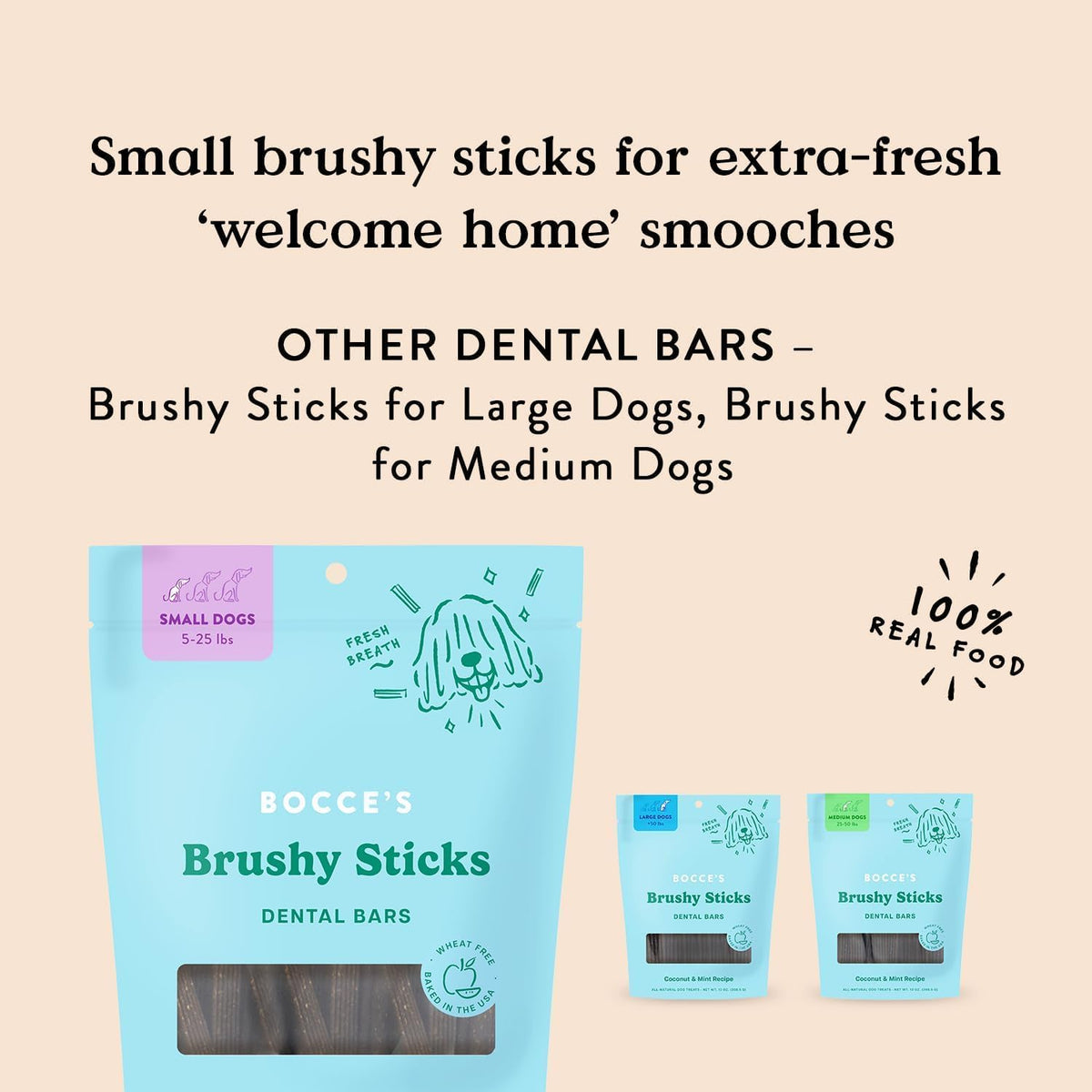 bocce's bakery brushy sticks dog dental treats, small showing dimensions