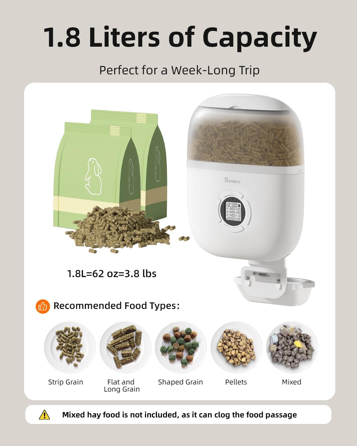 sandpoy hanging rabbit feeder for cage, programmable automatic, close-up detail