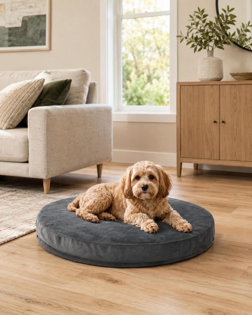 waterproof round dog bed orthopedic egg crate foam on a desk or shelf