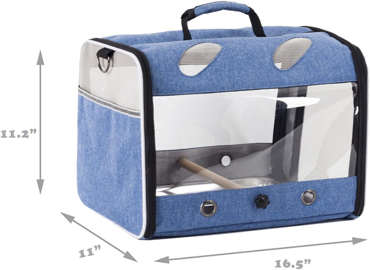 bird travel carrier for parrot with wooden perch, close-up detail