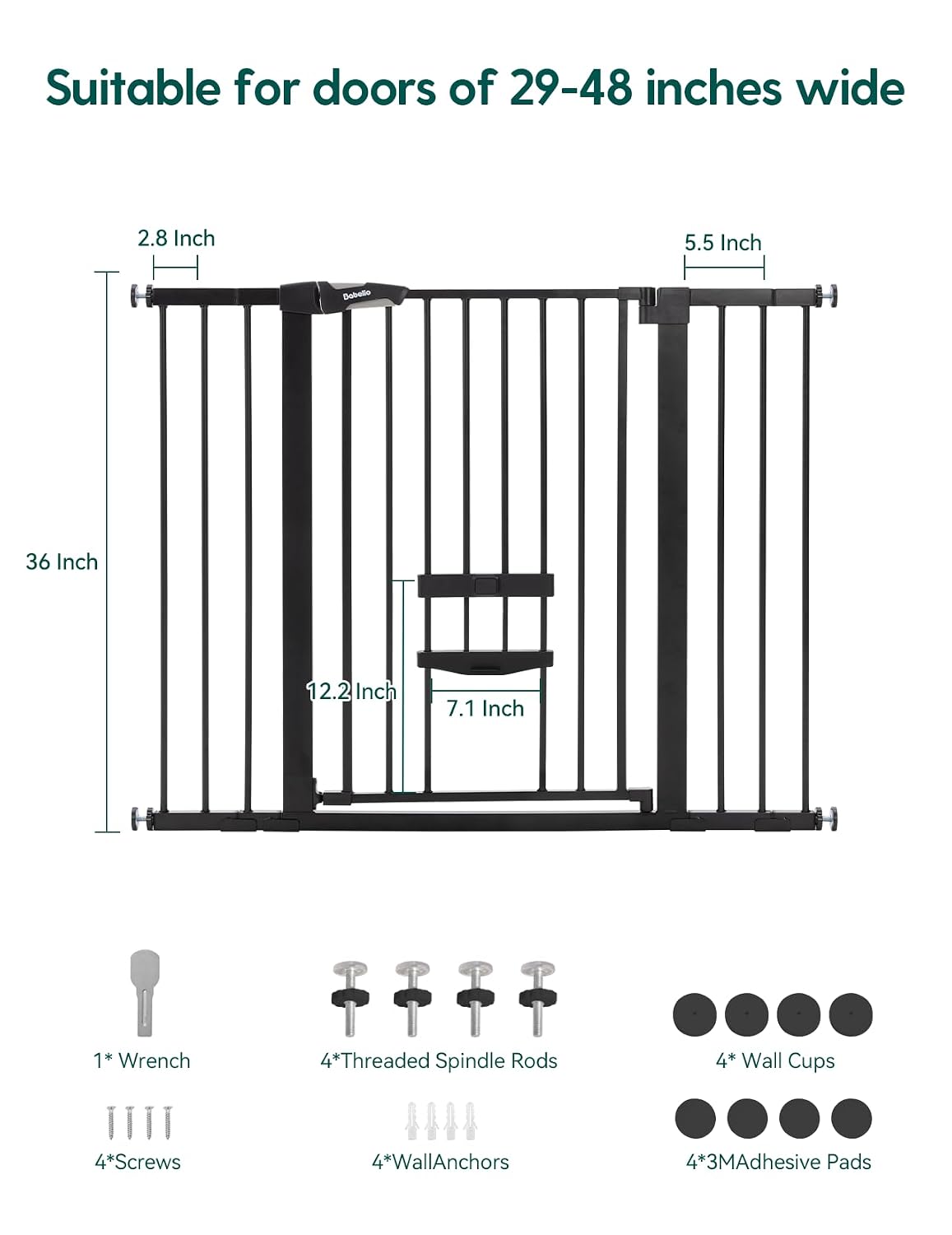babelio 36" tall dog gate with cat door showing dimensions