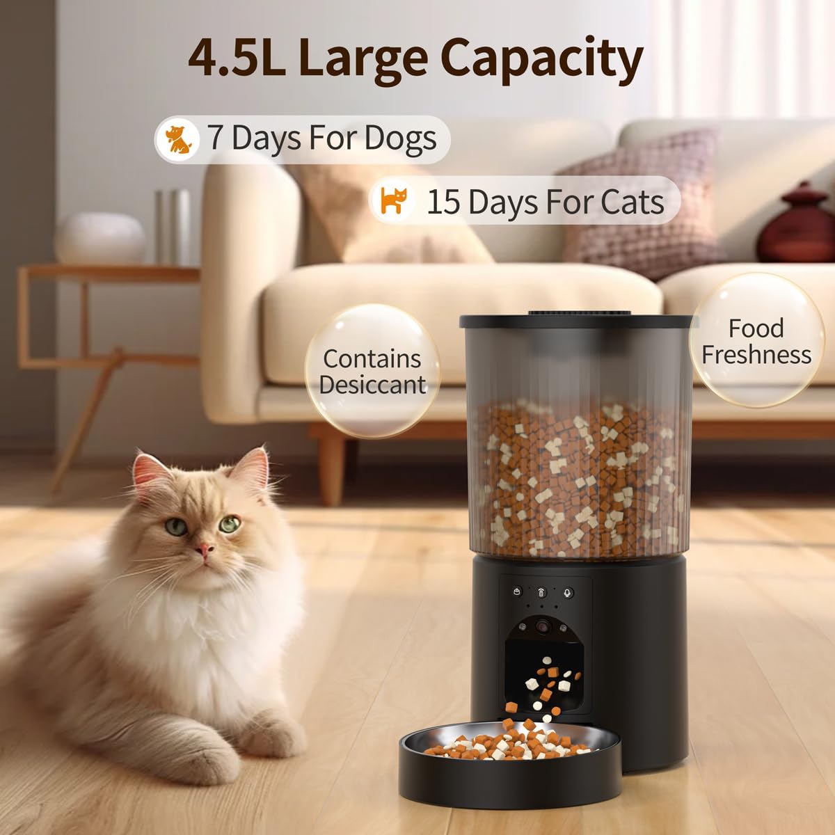 automatic cat feeder, 4.5l easy install pet food shown in use