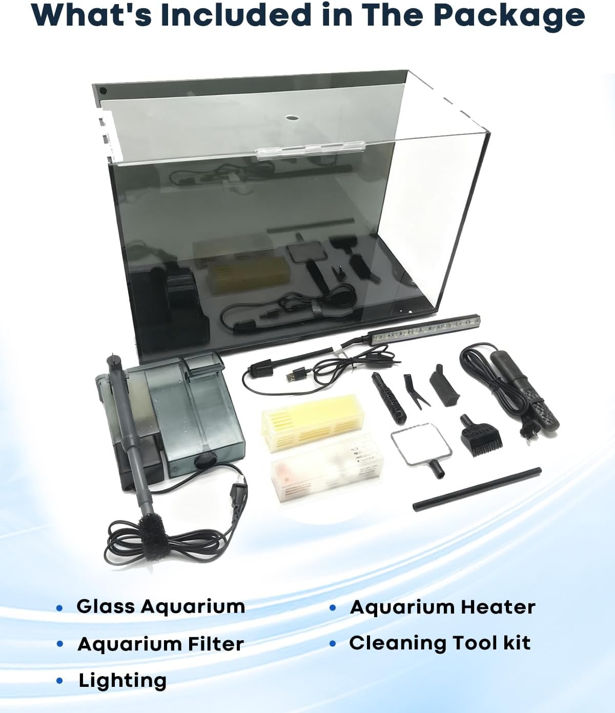 10 gallon aquarium set glass fish tank, heater, close-up detail