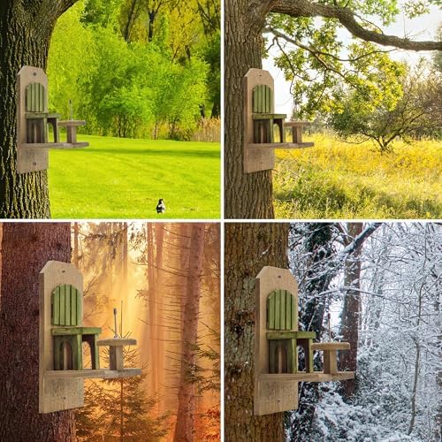 uncle dunkels’ chair squirrel feeder, handmade wood table showing dimensions