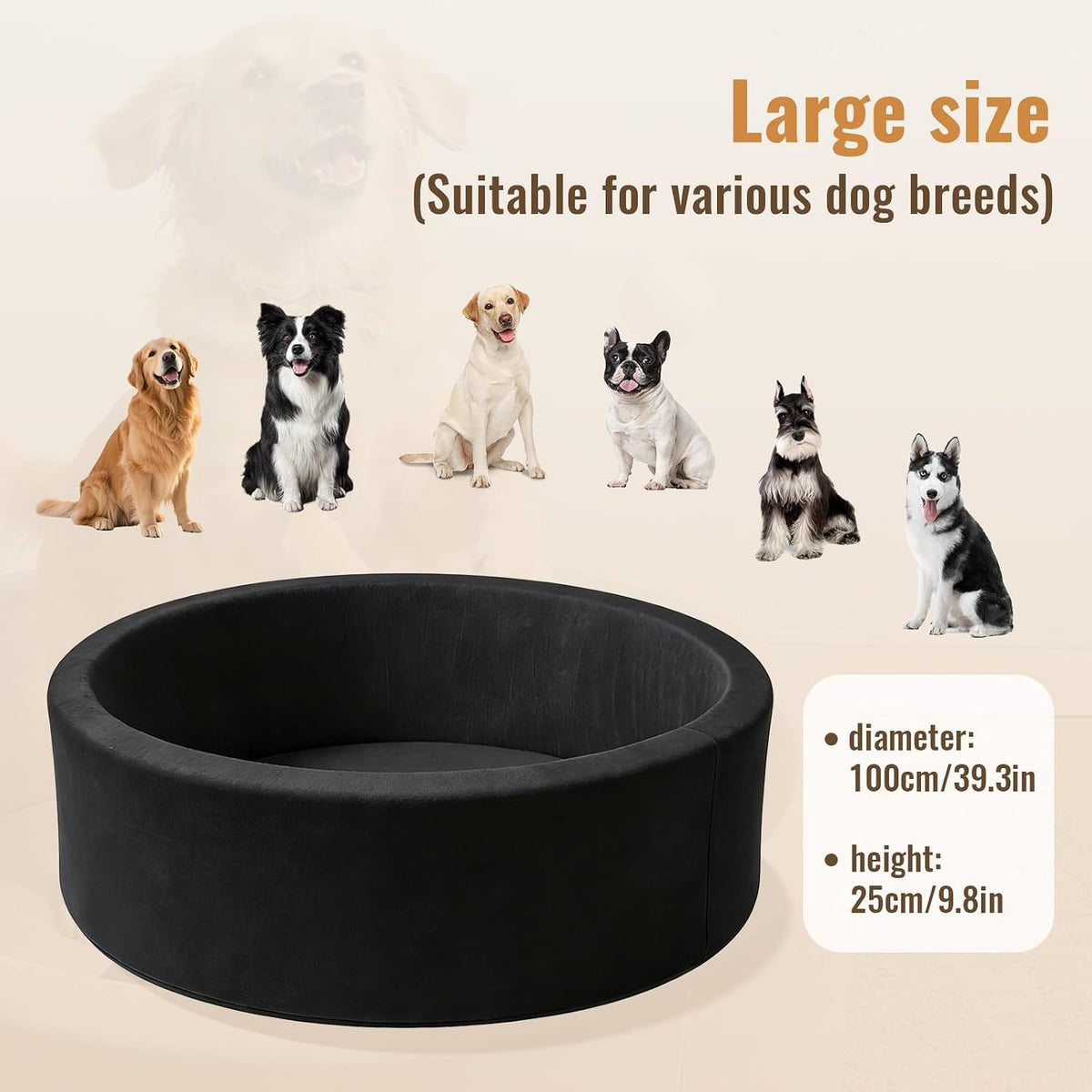 39 inch round dog bed ball pit, indoor, close-up detail