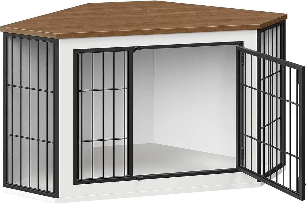 hoobro corner dog crate furniture, decorative dog kennel, front angle view