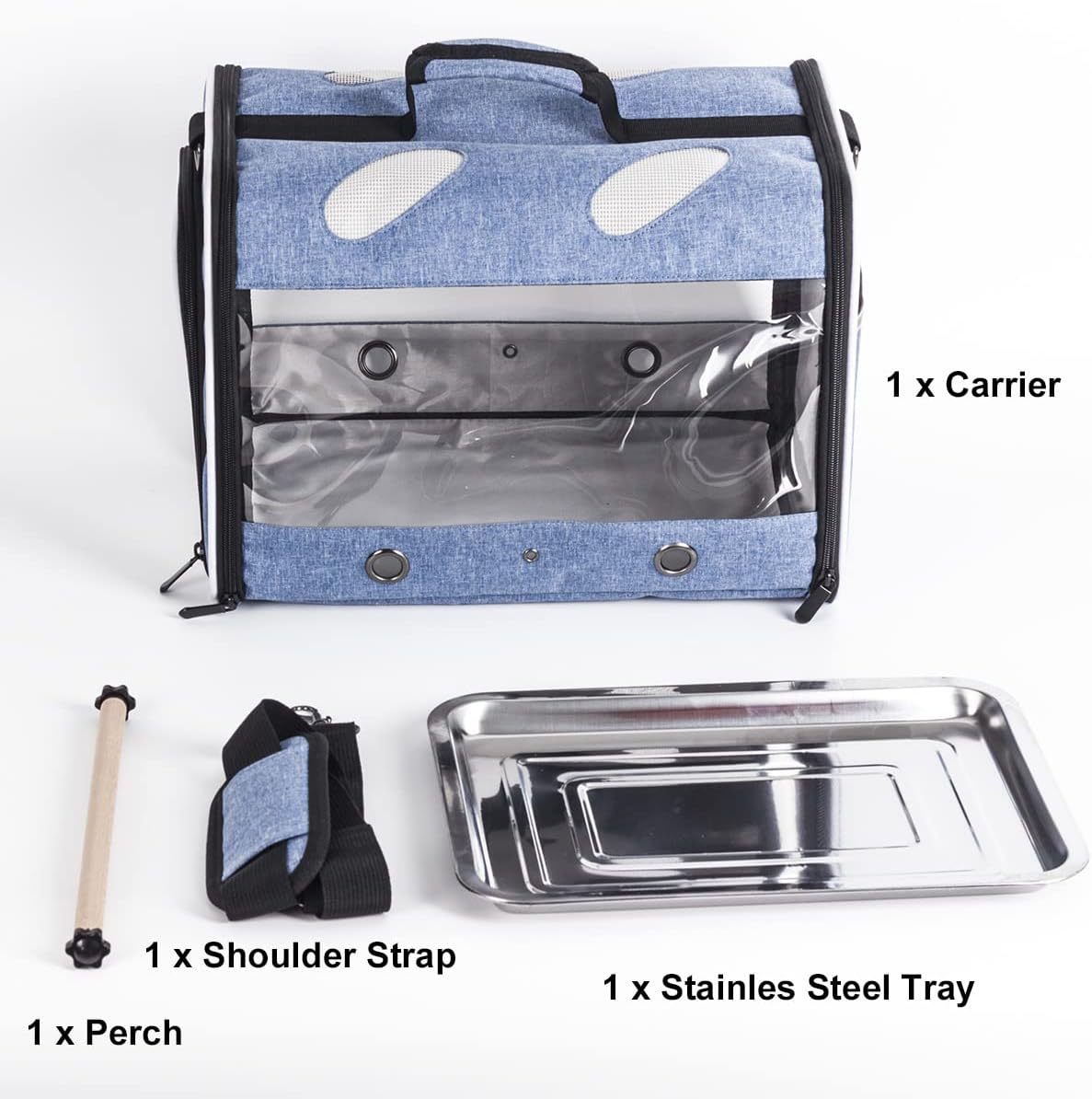 bird travel carrier for parrot with wooden perch shown in use