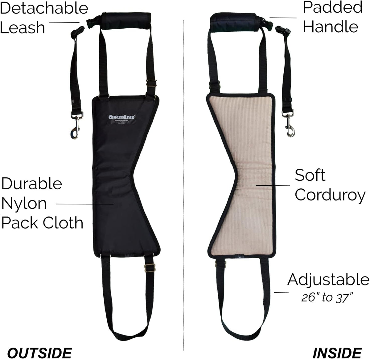 gingerlead® k9 support harness, rear end lift sling, side view