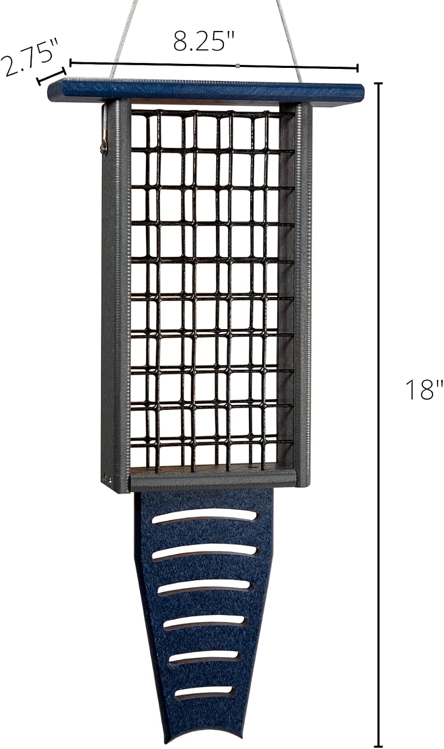 jcs wildlife blue/gray recycled double suet feeder tail showing dimensions