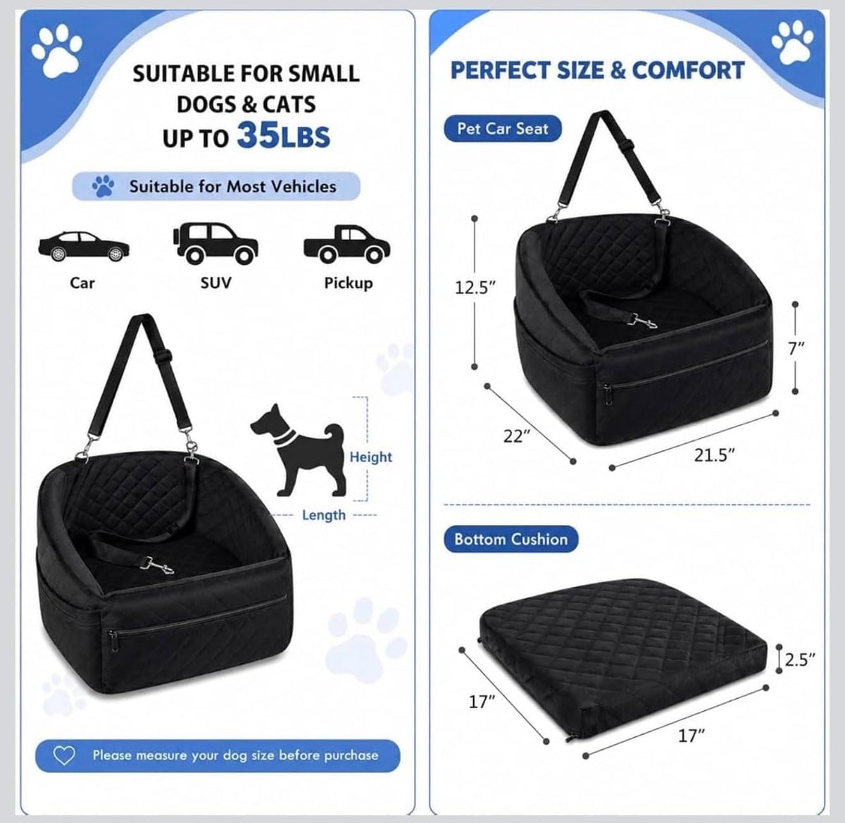 luxury plush dog car seat bed, ultra soft showing dimensions