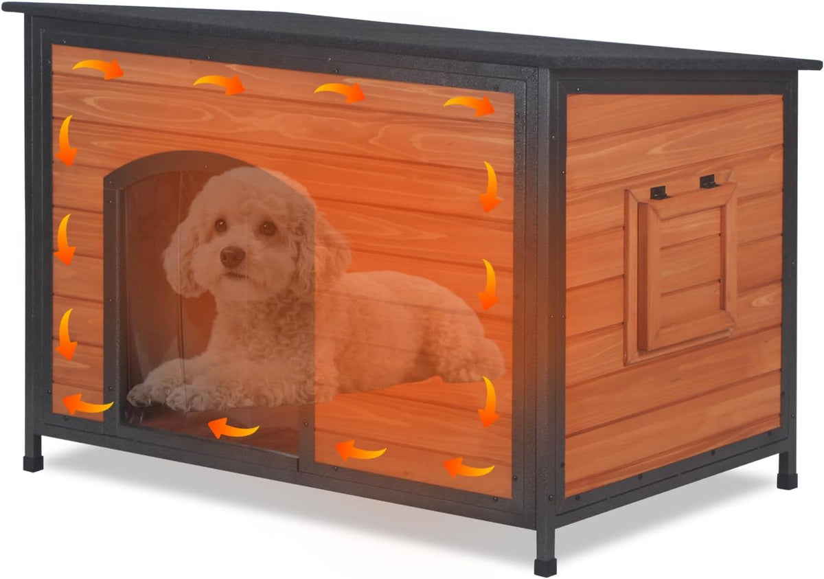 insulated outdoor wooden dog house, weatherproof chew resistant on a desk or shelf