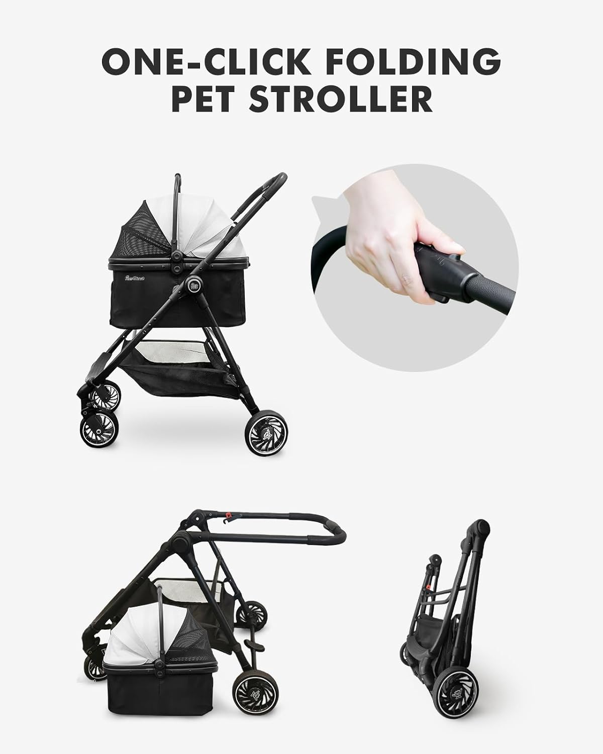 pet stroller for small dogs and cats, one-click, front angle view