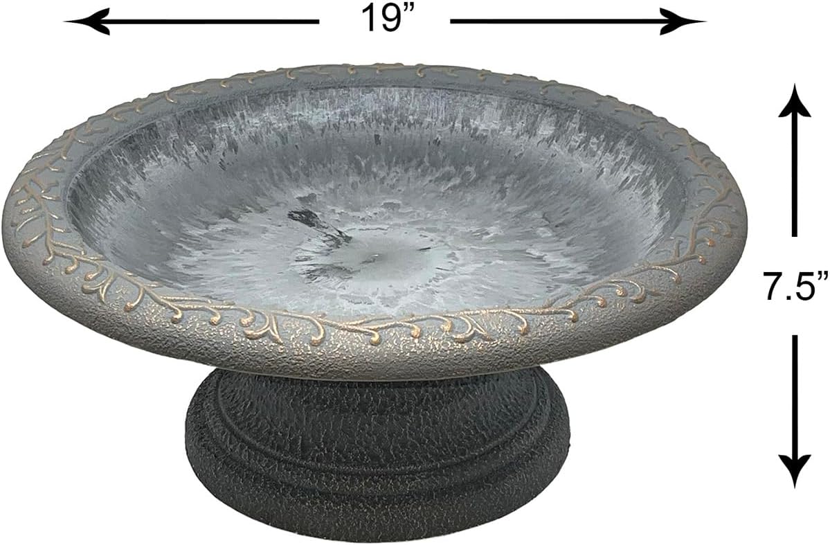 fiber clay birdbath, low-profile base, dove gray, 19" shown in use