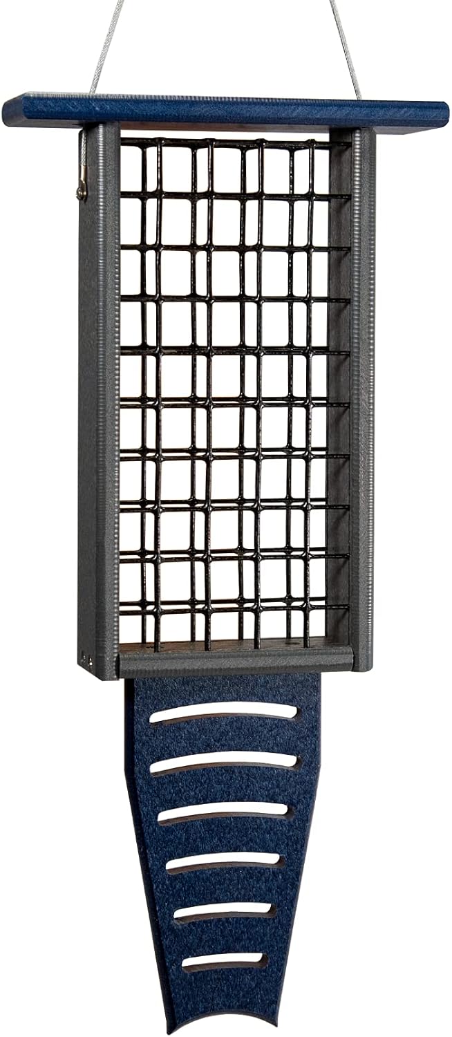 jcs wildlife blue/gray recycled double suet feeder tail shown in use