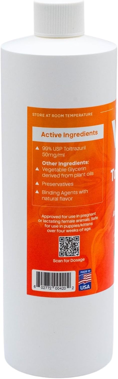 toltrazuril 5.0% for horses, dogs, cats, 500ml/16 ounce, close-up detail