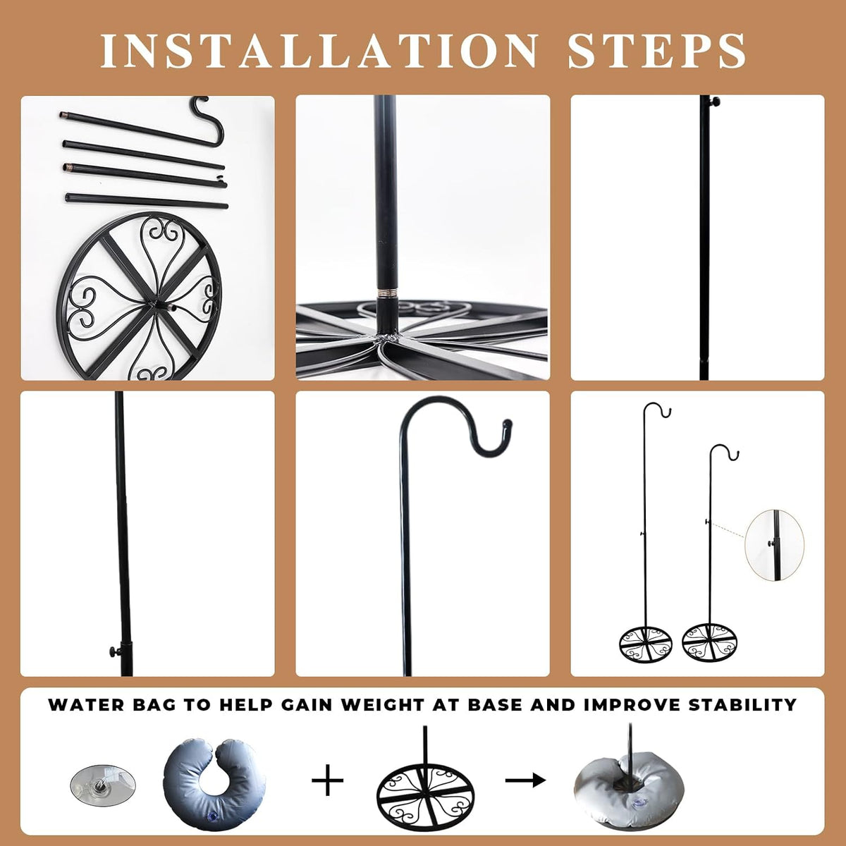 adjustable shepherd's hook 49-63 inches with water bag, close-up detail