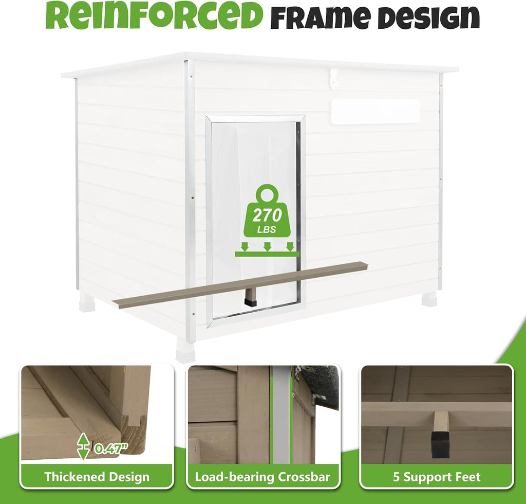 large outdoor dog house, weatherproof wood with chew-resistant, front angle view