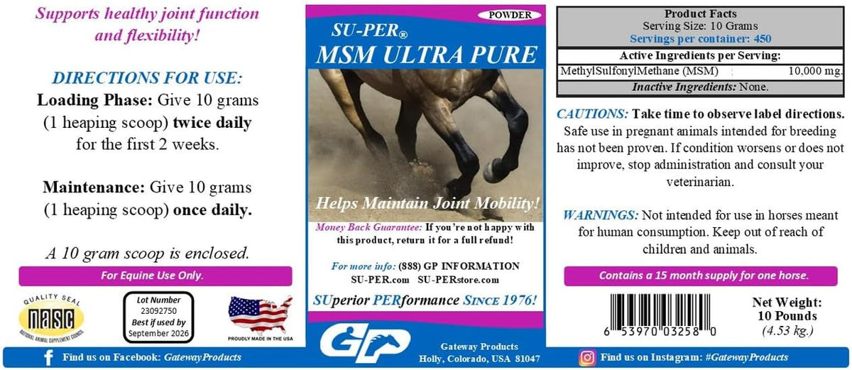 su-per msm ultra pure supplement for horses, 10 shown in use