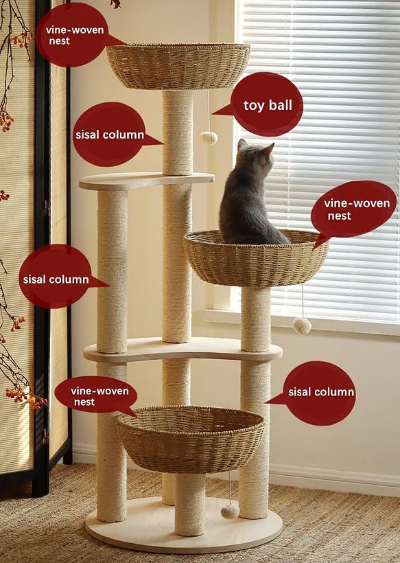 modern wood cat tree for large cats,luxury rattan shown in use
